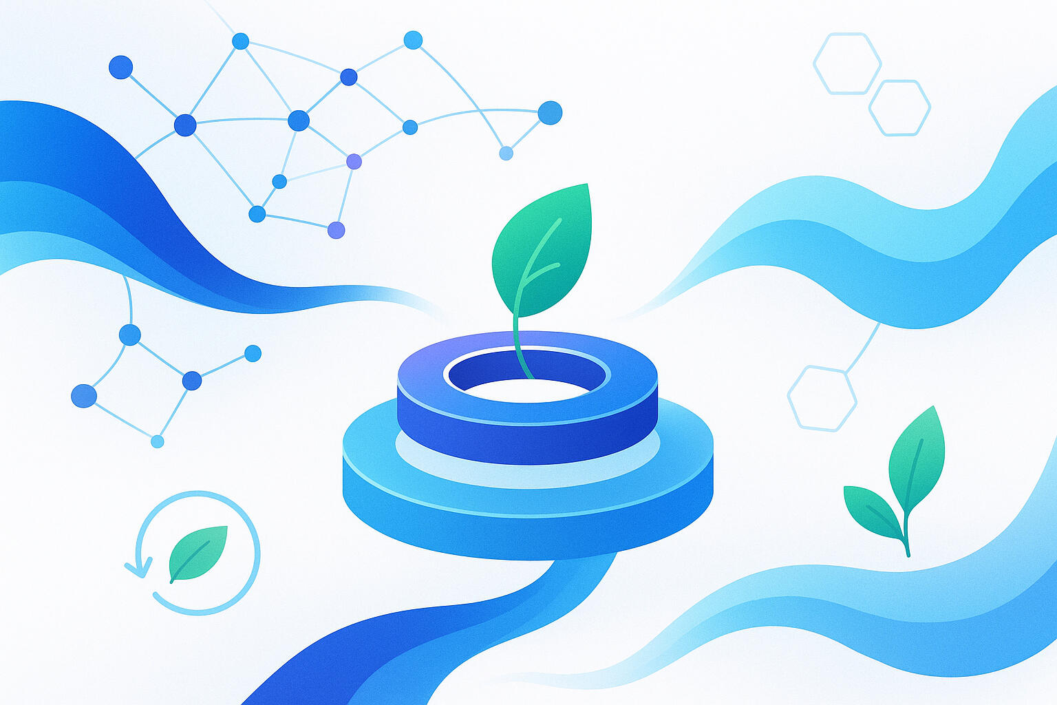 Hero Abstract digital illustration symbolising process management, business architecture, and sustainable digital transformation with blue waves, interconnected networks, and green leaves.